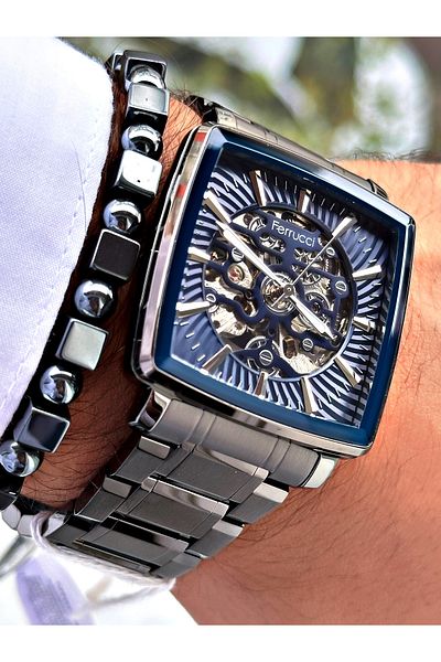 Ferrucci Smoke Color Automatic Square Business Mechanism Men's Wrist Watch + Bracelet