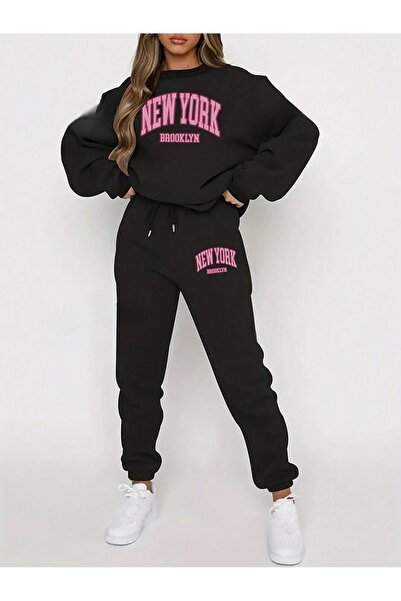 OVER HEAD Hanorac oversize cu imprimeu Brooklyn negru și set de jogger - Deco...