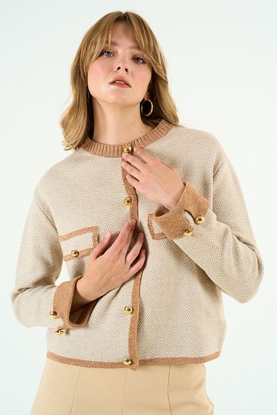 Qu Style Cream-Beige Colored Cardigan with Pockets Th 241034