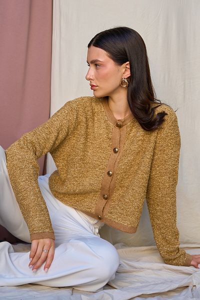 Qu Style Mustard-Camel Gray Cardigan Th 241048