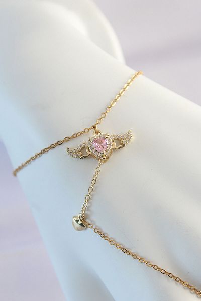 E NATIONAL 316L Steel Gold Color Pink Zircon Stone Winged Heart Model Şahmeran
