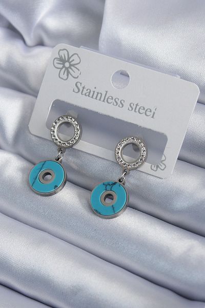 Mu Art Ahşap 316L Steel Silver Color Blue Stone Zircon Stone Women's Earrings