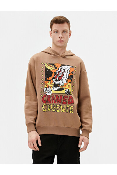Koton Oversize Hoodie Kuru Kafa Baskılı Etiket Detaylı Şardonlu
