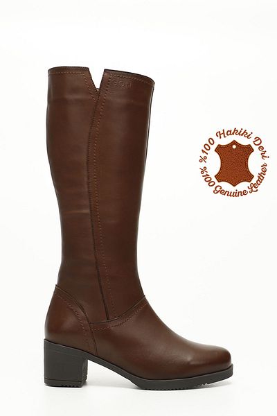 GÖNDERİ(R) Women's Brown Antique Zippered Thick Heeled Genuine Leather Boots