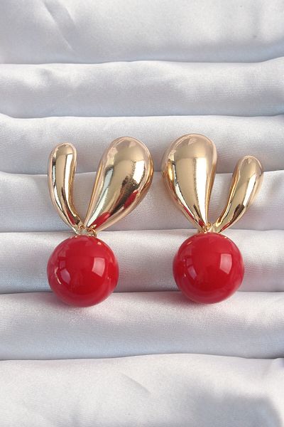 ANATOLİA TASARIM Brass Gold Color Red Round Design Earrings
