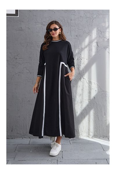 Elif Özbey Butik Black Stripe Detailed Long Sleeve Dress