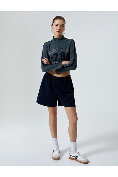 Koton College Crop Sweatshirt Zippered Stand Collar Printed
