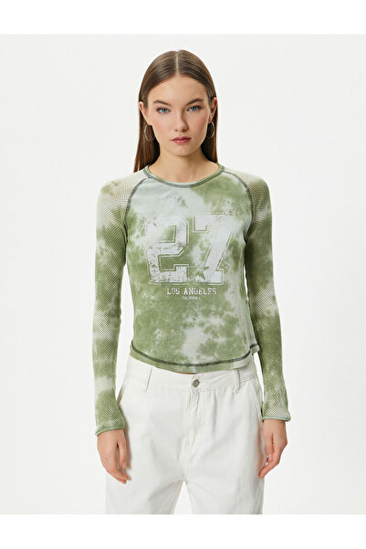 Koton Διχτυωτό T-Shirt College με στάμπα με βαμβακερά σχέδια με μακρυμάνικο βαμβακερή λεπτή εφαρμογή