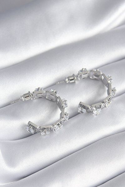 Genel Markalar Pirinç Gümüş Renk Zirkon Taşlı Halka Model Kadın Küpe