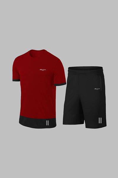 POSEIDON STORM Мъжки комплект от бордо тениска Dri-fit и шорти - джоб, обикновена яка, спортен горнище и долнище (4xL-10)