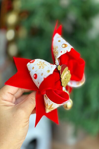 QUEEN AKSESUAR Red New Year's Special Design - Santa Claus Velvet with Swinging Ball and Bow Clip