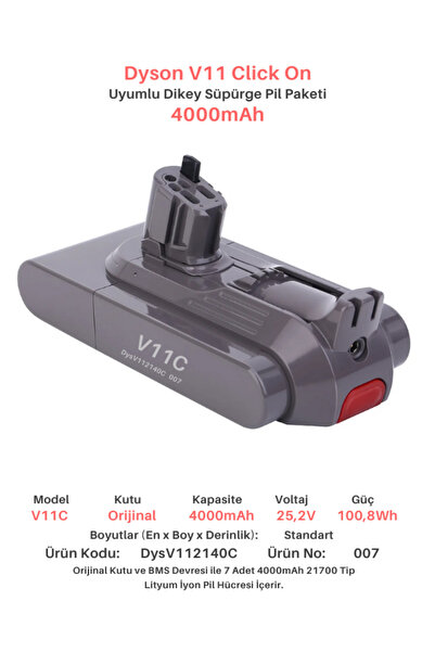 ROBOGİL Dyson V11 Butonlu Kutu 4000mah Uyumlu Bataryası Dikey Süpürge Pili Dysv112140c