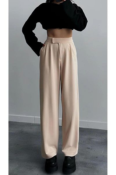 Glysso Beige Flexible Palazzo Trousers - Women's, Velcro Pocket