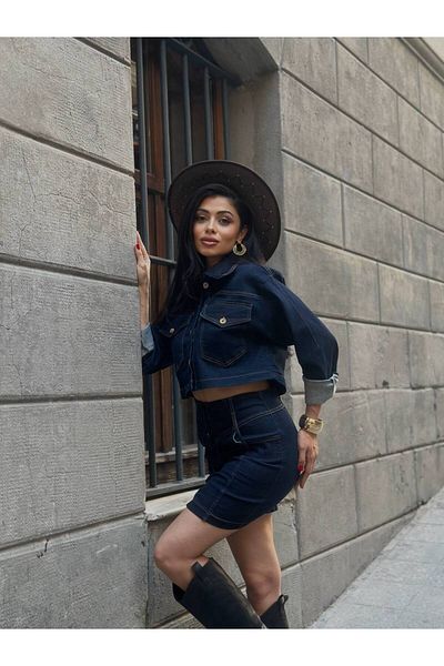 CHOKOSH BUTİK Navy Blue Denim Jacket and Skirt Set - Gold Button Detail
