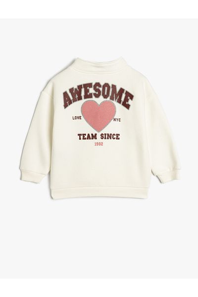 Koton Printed Raised Long Sleeve Sweatshirt with Stand Collar and Half Zipper