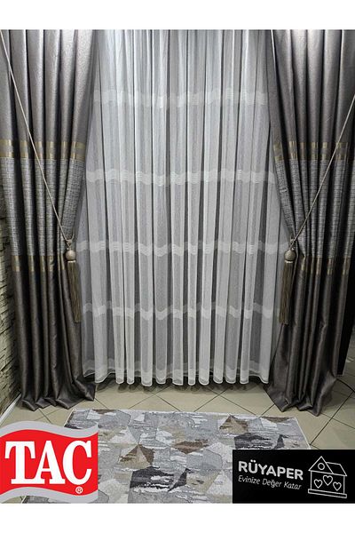 Taç Rüyaper Trend Product Lower and Upper Mink Middle Belly Gray Gold Bordered Background Curtain