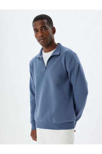 Koton Half Zip Collar Basic Ribbed Cotton Blended Long Sleeve Sweatshirt