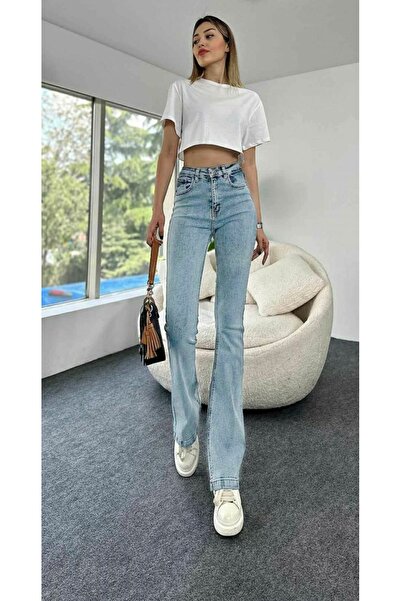 LİMABEL Pantaloni din denim cu talie înaltă, albastru deschis de zăpadă, blugi evazați (extra confortabili)