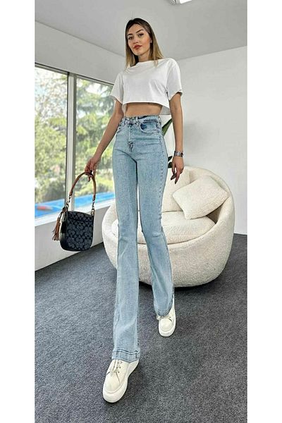 LİMABEL Pantaloni din denim cu talie înaltă, albastru deschis de zăpadă, blugi evazați (extra confortabili)