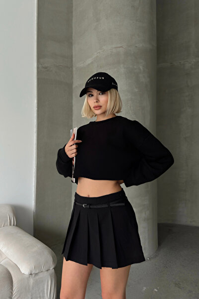 Babushka Negru cu pliuri duble fustă pantalon scurtă