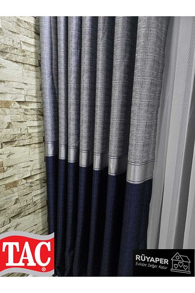 Taç Rüyaper Trend Product Top Gray Bottom Navy Blue Silver Bordered Background Curtain