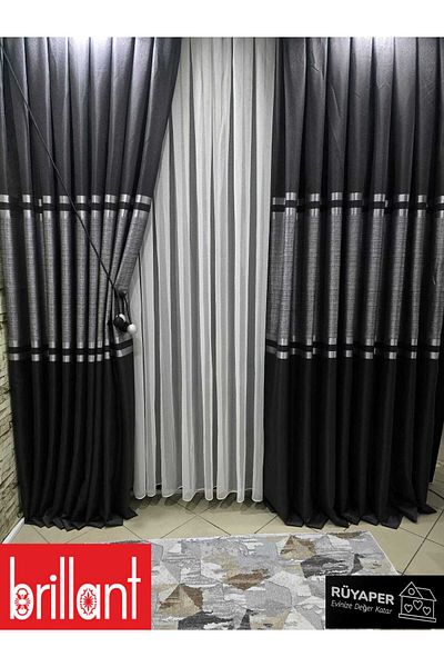 Brillant Rüyaper New Season Lower and Upper Anthracite Middle Belly Gray Silver Bordered Background Curtain