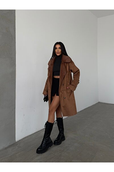 CLB COLLECTION Kadın Süet Kaban  İçi Yünlü Düğmeli Kaban