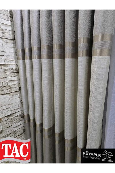 Taç Rüyaper Trend Product Lower and Upper Beige Middle Belly Cream Gold Bordered Background Curtain