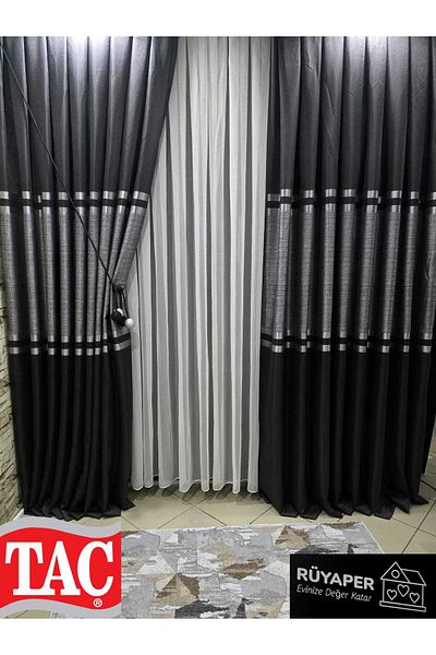 Taç Rüyaper Trend Product Lower and Upper Anthracite Middle Belly Gray Silver Bordered Background Curtain