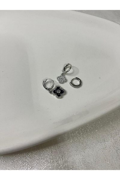 Mog Concept Set of 3 Zircon Stone Silver Color Black Clover Earrings