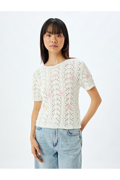 Koton Prolamovaný úpletový svetr - krátký rukáv, výstřih, květinová výšivka