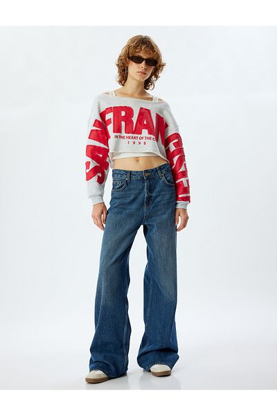 Koton Oversize Crop Sweatshirt - Boat Neck and Slogan Embroidered