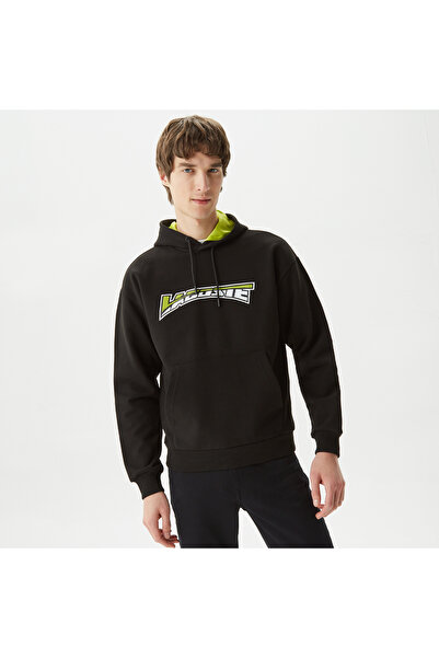 Lacoste Erkek Relaxed Fit Kapüşonlu Baskılı Siyah Sweatshirt