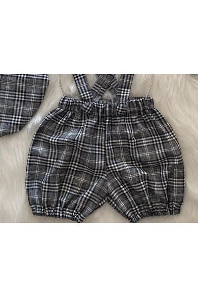 Eylülce Butik Gray Plaid Children's Strappy Shorts Salopet and Painter Hat for Birthday - Cake Blasting