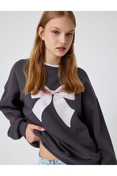 Koton Bow Printed Oversize Sweatshirt - Crew Neck Hoodie