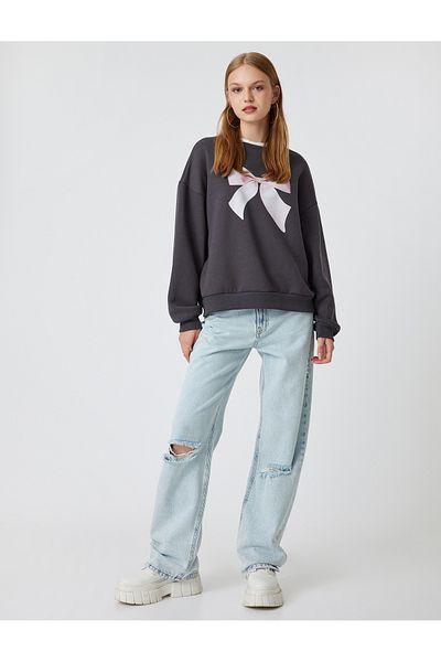 Koton Bow Printed Oversize Sweatshirt - Crew Neck Hoodie