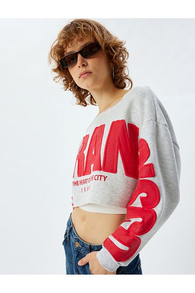 Koton Oversize Crop Sweatshirt - Boat Neck and Slogan Embroidered