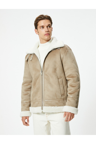 Koton Suede bunda Slim Fit s plyšovým vnútrom a detailom vrecka na zips