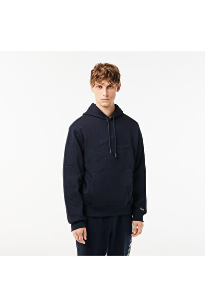 Lacoste Erkek Relaxed Fit Kapüşonlu Baskılı Siyah Sweatshirt