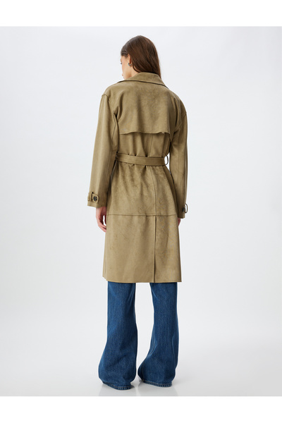 Koton Uzun Suni Süet Trençkot Kruvaze Cepli Arkası Rüzgar Kapaklı