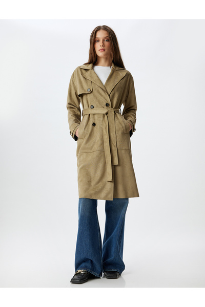 Koton Uzun Suni Süet Trençkot Kruvaze Cepli Arkası Rüzgar Kapaklı