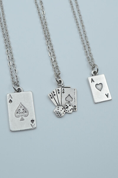 Genel Markalar 3'lü Full As İskambil Deste Zar Gümüş Kaplama Unisex Düz Zinci...