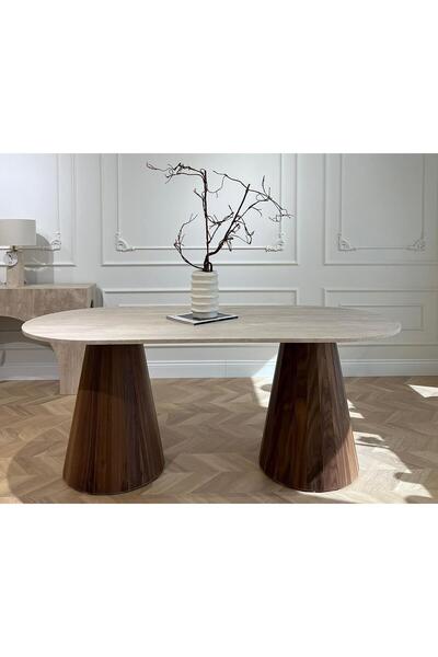 MIARIK DESIGN Ahsap Ayaklı Traverten Mermer Yemek Masası