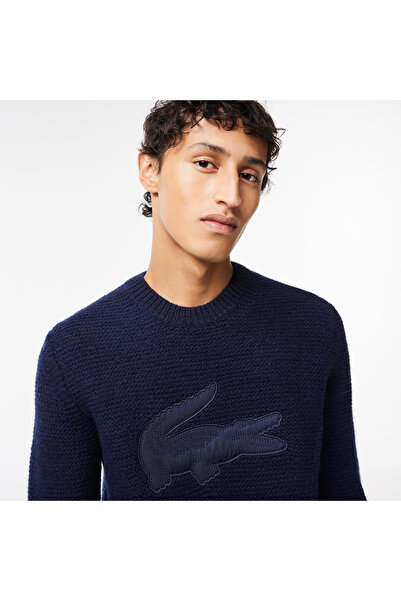 Lacoste Erkek Classic Fit Bisiklet Yaka Baskılı Lacivert Triko