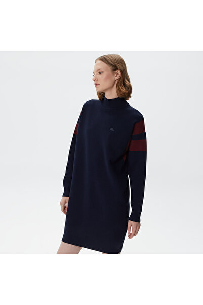 Lacoste Kadın Loose Fit Uzun Kollu Bisiklet Yaka Lacivert Elbise