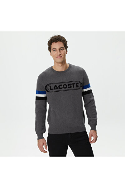 Lacoste Erkek Regular Fit Uzun Kollu Bisiklet Yaka Renk Bloklu Koyu Gri Triko
