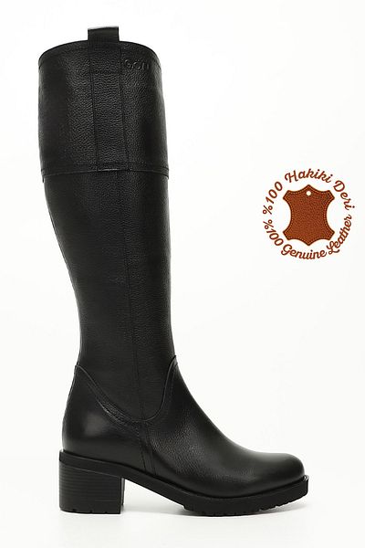 GÖNDERİ(R) Schwarze Floater-Damenstiefel aus echtem Leder mit Reißverschluss und dickem Absatz