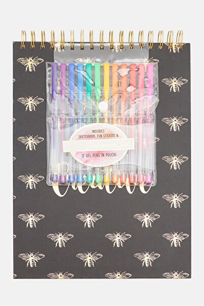 Votum دفتر رسم يحتوي على 12 قلم جل وردي وملصق، مجموعة باللون الأسود