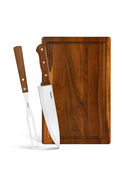 Fissman 3-Piece BBQ Set Grill Tool, Acacia Cutting Board | 8'' Chef Knife | Carving Meat Fork