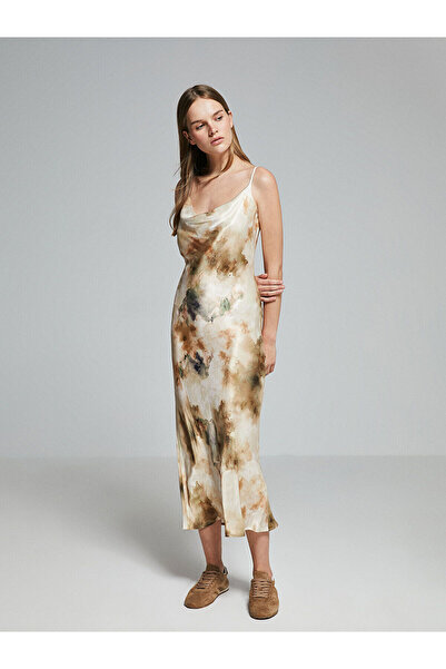 LC Waikiki Blue Draped Neck Strap Batik Patterned Satin Dress